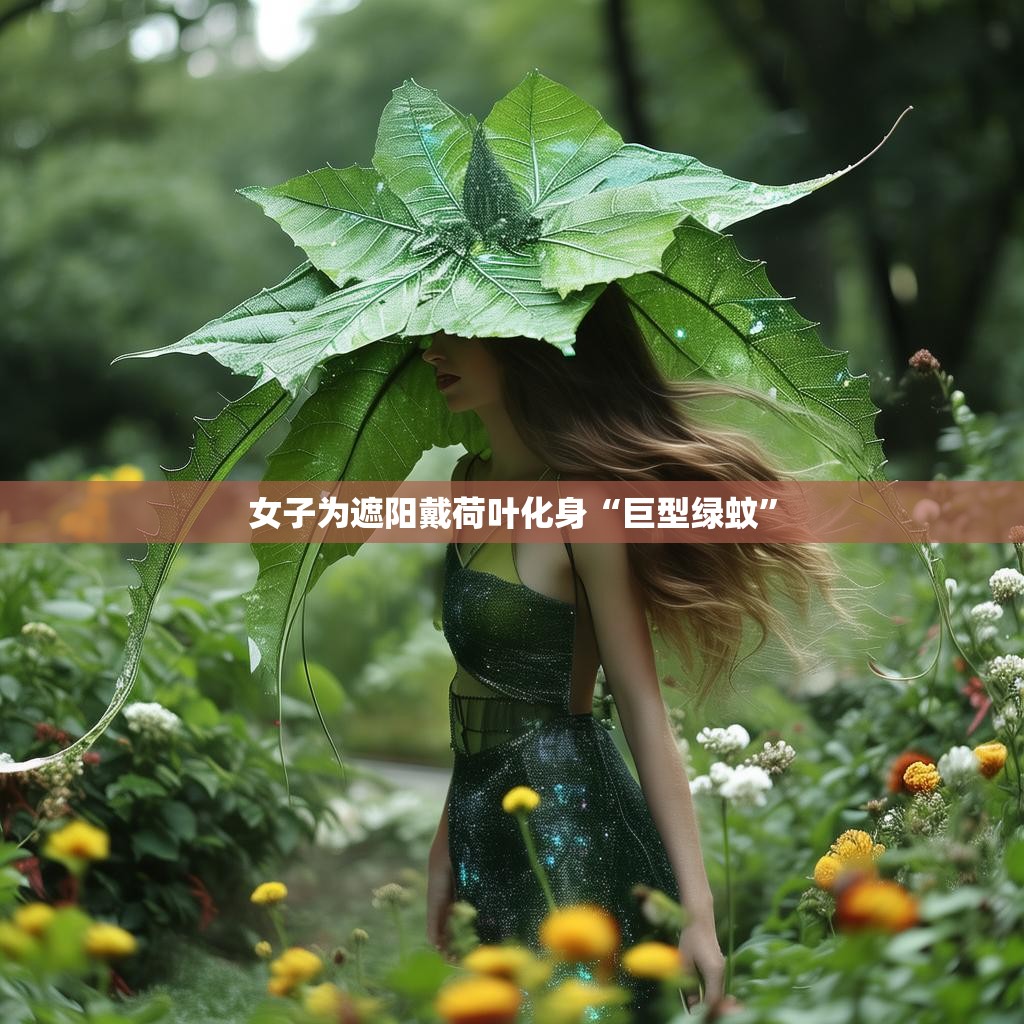 女子为遮阳戴荷叶化身“巨型绿蚊”